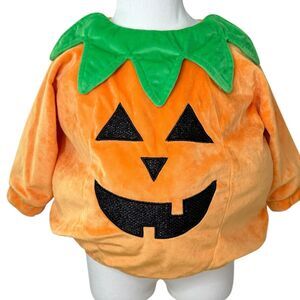 Plush Orange Pumpkin Jack-O-Lantern Halloween Costume Top Kids Green Leaf Collar